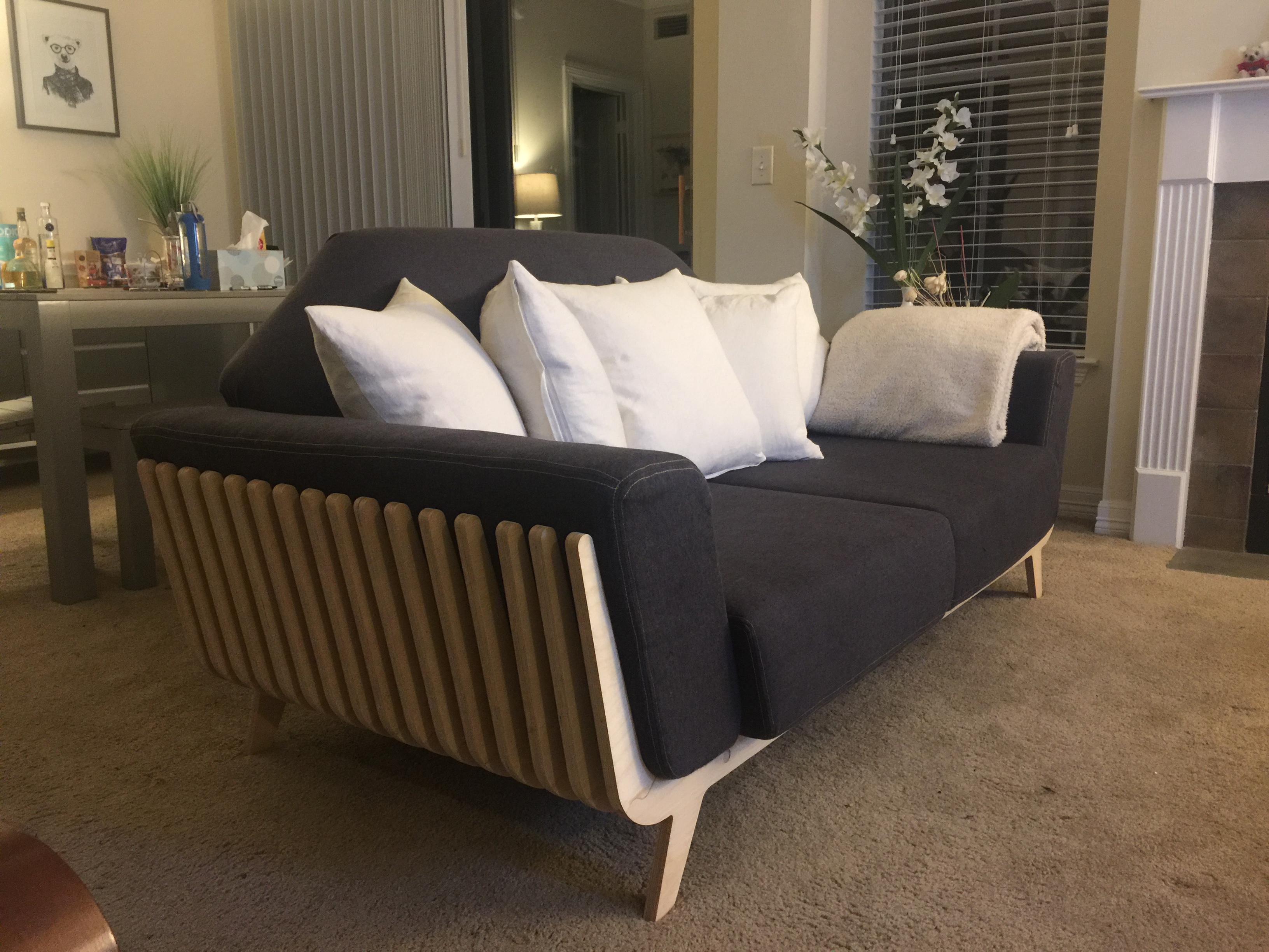 Charcoal sofa with slatted oak outer frame